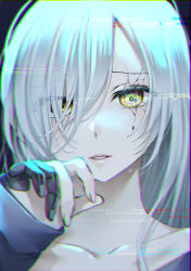 Rule 34 | 1girl, abe hikaru, absurdres, android, collarbone, cracked eyes, cracked skin, damaged, highres, long hair, mechanical parts, original, portrait, silver-haired gynoid (abe hikaru), sleeves past wrists, solo, white hair, yellow eyes