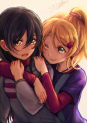 Rule 34 | 10s, 2girls, ayase eli, blonde hair, blue eyes, blue hair, brown eyes, chromatic aberration, hair between eyes, hair ornament, hairclip, highres, hug, hug from behind, jewelry, layered sleeves, lilylion26, long hair, long sleeves, love live!, love live! school idol project, multiple girls, one eye closed, open mouth, pendant, ponytail, scarf, scrunchie, short over long sleeves, short sleeves, signature, smile, sonoda umi, upper body, yuri