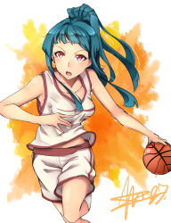 Rule 34 | 1girl, alternate costume, ball, basketball, basketball (object), basketball uniform, blue hair, collarbone, commentary, dribbling (basketball), high ponytail, highres, long hair, looking ahead, mole, mole under eye, open mouth, orange background, red eyes, shorts, sidelocks, signature, socks, solo, sportswear, tank top, tendouji musubi, tokyo 7th sisters, very long hair, white background, yakimi 27