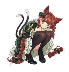 Rule 34 | 1girl, absurdres, adapted costume, animal ear fluff, animal ears, bow, braid, cat ears, cat tail, cross, dress, earrings, extra ears, full body, green bow, green dress, hair bow, hair ribbon, high heels, highres, jewelry, juliet sleeves, kaenbyou rin, knees to chest, latin cross, long hair, long sleeves, looking to the side, multiple tails, nekomata, petticoat, pointy ears, puffy sleeves, red eyes, red hair, ribbon, ruukii drift, simple background, solo, squatting, swept bangs, tail, thighhighs, touhou, tress ribbon, twin braids, twintails, two tails, very long hair, white background