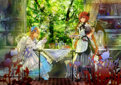 Rule 34 | 2girls, angel wings, apple, apron, basket, black bow, black bowtie, black dress, black eyes, black footwear, black legwear, black ribbon, blue eyes, blue footwear, blue ribbon, blurry, bow, bowtie, bread, candy, capelet, chair, checkered floor, chelan, chest of drawers, closed mouth, commentary request, cross hair ornament, cup, curtains, demon tail, demon wings, depth of field, dialo, dress, drink, drinking glass, feathered wings, flower, food, food-themed ornament, fruit, funamusea, glass, gloves, green eyes, haiiro teien, hair between eyes, hair ornament, hairclip, halo, headdress, high collar, high heels, holding, holding cup, holding knife, horns, indoors, jar, jitome, knife, lace trim, light brown hair, liquid, long hair, long sleeves, low twintails, mary janes, multiple girls, noir (ibaraki), pantyhose, pie, plate, polka dot, puffy short sleeves, puffy sleeves, red hair, ribbon, robe, see-through, shelf, shoes, short sleeves, silhouette, sitting, sketch, skull, smile, standing, steam, table, tablecloth, tail, teacup, teapot, twintails, very long hair, white apron, white gloves, white legwear, white wings, wide sleeves, window, wine glass, wings
