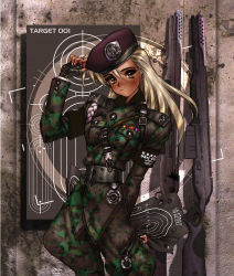 Rule 34 | 1girl, army, blonde hair, gun, highres, long hair, military, shirou masamune, solo, uniform, weapon