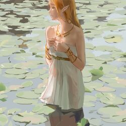 Rule 34 | 1girl, bare arms, bare shoulders, blonde hair, bracelet, breasts, closed mouth, collarbone, day, dress, green eyes, half-closed eyes, hands up, highres, jewelry, long hair, looking to the side, medium breasts, neck, necklace, nintendo, official alternate costume, outdoors, photo-referenced, pointy ears, pond, princess zelda, profile, psp26958748, reflection, reflective water, shade, solo, standing, straight hair, strapless, strapless dress, the legend of zelda, the legend of zelda: breath of the wild, wading, water, wet, wet clothes, wet dress, white dress
