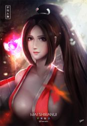 Rule 34 | 1girl, breasts, brown hair, character name, fatal fury, fitaro, highres, large breasts, long hair, looking at viewer, ponytail, shiranui mai, sideboob, solo, the king of fighters