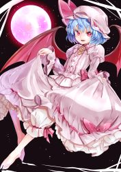 Rule 34 | 1girl, adapted costume, barefoot, bat wings, bloomers, blue hair, chikado, curtsey, dress, fang, flat chest, full moon, hat, hat ribbon, highres, ichirugi, juliet sleeves, long sleeves, looking at viewer, mob cap, moon, night, open mouth, pink dress, pink eyes, puffy sleeves, red moon, remilia scarlet, ribbon, ribbon-trimmed skirt, ribbon trim, sky, smile, solo, touhou, underwear, wings