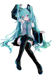 Rule 34 | 1girl, :3, absurdres, aqua eyes, aqua hair, aqua nails, aqua necktie, arm up, armpit crease, armpits, bare shoulders, black footwear, black skirt, black sleeves, blue eyes, boots, closed mouth, collared shirt, detached sleeves, full body, grey shirt, hair flowing over, hair ornament, hand up, hands in hair, hatsune miku, head tilt, highres, holding, holding hair, invisible chair, knee up, long hair, long sleeves, looking at viewer, miniskirt, nail polish, necktie, no lineart, pleated skirt, reddizen, shiny footwear, shirt, simple background, sitting, skirt, sleeveless, sleeveless shirt, smile, solo, thigh boots, thighhighs, twintails, very long hair, vocaloid, white background, wide sleeves, wing collar, zettai ryouiki