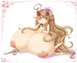 Rule 34 | 1girl, 2b-ge, breasts, brown hair, flower, flower on head, gigantic breasts, hands on own chest, highres, jewelry, large areolae, long hair, necklace, nipples, nude, oppai loli, pink eyes, smile, solo, tagme