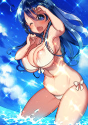 Rule 34 | 10s, 1girl, ;o, bikini, blue eyes, blue hair, blush, breasts, cleavage, covered erect nipples, cowboy shot, curvy, day, female focus, hamuya9, huge breasts, in water, kantai collection, long hair, looking at viewer, matching hair/eyes, navel, one eye closed, open mouth, puffy nipples, sky, solo, sparkle, standing, swimsuit, tears, ushio (kancolle), wading, white bikini, wide hips