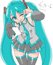 Rule 34 | 1girl, aqua eyes, aqua hair, detached sleeves, grin, hand on own hip, hatsune miku, headset, hip focus, koyopi, long hair, necktie, one eye closed, simple background, skirt, smile, solo, thigh gap, thighhighs, thighs, twintails, v, very long hair, vocaloid, white background, wink