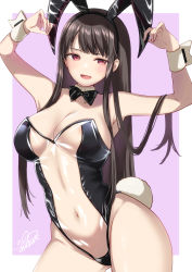 Rule 34 | 1girl, animal ears, areola slip, arms up, azuma yuki, bare arms, bare shoulders, black bow, black bowtie, black hair, black hairband, blush, bow, bowtie, breasts, cleavage, commentary request, detached collar, fake animal ears, fake tail, hairband, highres, large breasts, leotard, long hair, looking at viewer, meme attire, navel, original, parted lips, playboy bunny, purple background, purple eyes, rabbit ears, rabbit tail, see-through, see-through leotard, smile, solo, tail, translucent bunnysuit, wrist cuffs