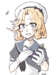 Rule 34 | 1girl, black neckwear, blonde hair, blue eyes, blue sailor collar, commentary request, dress, eggplant, hand on own chest, hat, holding, janus (kancolle), kantai collection, looking at viewer, open mouth, parted bangs, sailor collar, sailor dress, sailor hat, simple background, solo, tatahai, upper body, white background, white dress, white hat
