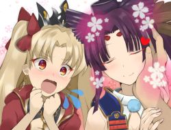 Rule 34 | 1girl, armor, black hair, blonde hair, blush, breasts, cleavage, detached sleeves, earrings, ereshkigal (fate), closed eyes, fate/grand order, fate (series), feather hair ornament, feathers, hair ornament, headpat, japanese armor, jewelry, muni nuren, open mouth, out of frame, red eyes, side ponytail, surprised, upper body, ushiwakamaru (fate)