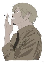 Rule 34 | &gt;:(, 1boy, blonde hair, cigarette, clenched teeth, facial hair, from side, frown, hand up, highres, holding, holding cigarette, male focus, necktie, one piece, sanji (one piece), solo, teeth, ufkqz, v-shaped eyebrows