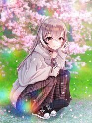 Rule 34 | 1girl, ahoge, berry, black choker, brown eyes, brown footwear, brown hair, brown hoodie, brown skirt, cherry blossoms, choker, earrings, food-themed earrings, high tops, highres, hololive, hololive english, hood, hoodie, jewelry, lily lily, long hair, long skirt, looking at viewer, multicolored hair, nanashi mumei, nanashi mumei (casual), necklace, official alternate costume, oversized clothes, photo background, plaid, plaid skirt, rainbow gradient, red shirt, runes, shirt, shoes, skirt, sleeves past wrists, smile, sneakers, spring (season), squatting, streaked hair, sweater, v, virtual youtuber, white sweater
