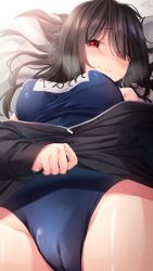 Rule 34 | 1girl, bad id, bad pixiv id, bare shoulders, black hair, black jacket, blue one-piece swimsuit, blurry, breasts, cameltoe, groin, hair spread out, highres, jacket, large breasts, long hair, looking at viewer, lying, name tag, off shoulder, on back, one-piece swimsuit, original, ramchi, red eyes, school swimsuit, solo, swimsuit, thighs, wet, yandere-chan (ramchi)