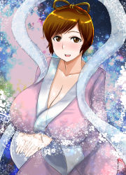 Rule 34 | 1girl, blush, breasts, brown eyes, brown hair, collarbone, commentary request, huge breasts, japanese clothes, kaneda (aqid), kimono, looking at viewer, open hands, open mouth, short hair, super real mahjong, toyohara etsuko, yukata