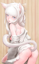 Rule 34 | 1girl, animal ears, ass, bad id, bad pixiv id, blue eyes, bottomless, bow, breasts, cat ears, cat tail, hair bow, highres, lips, long hair, looking back, musen-shiki sanhankikan, nipples, original, puffy nipples, pussy, pussy juice, sideboob, slit pupils, small breasts, solo, tail, uncensored, white hair