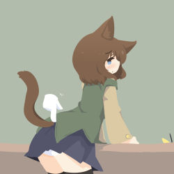 Rule 34 | 1girl, ami (big o pants), animal ears, big o pants, black thighhighs, blue eyes, blue skirt, blush, brown hair, cat ears, cat girl, cat tail, clothes lift, from behind, highres, panties, pleated skirt, short hair, simple background, skirt, skirt lift, standing, tail, thighhighs, underwear