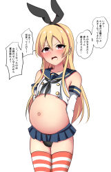 Rule 34 | 1boy, angry, arms behind back, baretto (karasi07), black hairband, black panties, blonde hair, blush, check translation, cosplay, crop top, elbow gloves, gloves, hair between eyes, hairband, highres, kantai collection, long hair, male pregnancy, microskirt, miniskirt, navel, open mouth, outie navel, panties, pregnant, sailor collar, school uniform, serafuku, shimakaze-kun, shimakaze (kancolle), shimakaze (kancolle) (cosplay), sidelocks, simple background, skirt, solo, speech bubble, striped clothes, striped thighhighs, text focus, thighhighs, translated, translation request, trap, underwear, white background, white gloves
