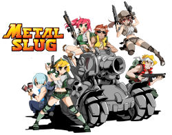 Rule 34 | 3boys, 3girls, blonde hair, blue eyes, blue hair, blush, bongfill, breasts, brown eyes, brown hair, blowing bubbles, chewing gum, closed mouth, dual wielding, fio germi, freckles, glasses, green eyes, gun, hair over one eye, hat, holding, holding gun, holding weapon, kasamoto eri, large breasts, looking at viewer, looking away, marco rossi, medium hair, metal slug, military, military vehicle, motor vehicle, multiple boys, multiple girls, nadia cassel, navel, open mouth, parted lips, pink hair, red eyes, short hair, smile, squatting, sunglasses, sv001 (metal slug), tank, tarma roving, trevor spacey, twintails, weapon, yellow eyes