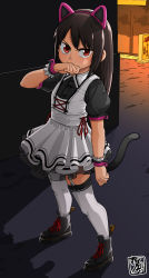 Rule 34 | 1boy, animal ears, boots, brown hair, cat ears, cat tail, crossdressing, dress, fake animal ears, fake tail, full body, garter straps, highres, kaminosaki, long hair, looking at viewer, male focus, original, pinafore dress, puffy short sleeves, puffy sleeves, red eyes, ribbon, short sleeves, sleeveless dress, solo, tail, thighhighs, trap, white thighhighs, wrist cuffs