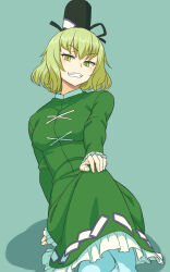 Rule 34 | 1girl, black hat, commentary, cross-laced clothes, dress, frilled dress, frills, green background, green dress, green hair, hat, highres, kakone, long sleeves, looking at viewer, ofuda, ofuda on clothes, one-hour drawing challenge, short hair, simple background, soga no tojiko, solo, tate eboshi, teeth, touhou