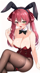 Rule 34 | 1girl, :d, alternate costume, animal ears, bare shoulders, black bow, black bowtie, black hairband, blush, bow, bowtie, breasts, brown pantyhose, cleavage, collarbone, commentary, detached collar, fake animal ears, hairband, hand up, heterochromia, highres, hololive, houshou marine, large breasts, leotard, long hair, looking at viewer, open mouth, pantyhose, playboy bunny, playing with own hair, rabbit ears, raised eyebrows, red eyes, red hair, red leotard, ri suri hi, simple background, sitting, smile, solo, twintails, virtual youtuber, white background, yellow eyes