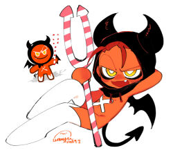 Rule 34 | 1boy, bat wings, blush, character sheet, colored skin, cookie run, demon, demon boy, demon horns, demon tail, demon wings, devil cookie, fang, full body, highres, holding, holding pitchfork, hood, hood up, horns, male focus, navel, nipples, personification, pitchfork, raised eyebrow, red hair, red skin, resting, smile, smug, tail, thighhighs, wenyu, white thighhighs, wings, x, yellow eyes