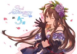 Rule 34 | 10s, 1girl, anniversary, bare shoulders, breasts, brown hair, cleavage, collar, countdown, dress, flower, frills, gloves, granblue fantasy, hair flower, hair ornament, highres, jewelry, large breasts, lipstick, long hair, looking at viewer, makeup, minaba hideo, official art, one eye closed, petals, purple eyes, rose, rose petals, rosetta (granblue fantasy), simple background, smile, solo, sword, thighhighs, upper body, weapon, white background