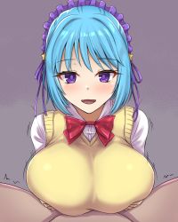 Rule 34 | 1boy, 1girl, blue hair, blush, breasts squeezed together, breasts, cleavage, clothed female nude male, demon girl, hetero, highres, kurono kurumu, large breasts, long hair, looking at viewer, noumu (pixiv), nude, open mouth, paizuri, paizuri on lap, paizuri under clothes, pov, pov crotch, purple eyes, rosario+vampire, short hair, smile, solo focus