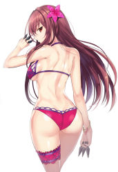 Rule 34 | 1girl, ass, backboob, bad id, bad pixiv id, between fingers, bikini, bracelet, breasts, bridal garter, butt crack, fate/grand order, fate (series), flower, from behind, hair flower, hair intakes, hair ornament, harimoji, hibiscus, holding, jewelry, large breasts, long hair, looking at viewer, looking back, purple bikini, purple hair, red eyes, scathach (fate), scathach (fate/grand order), scathach (swimsuit assassin) (fate), simple background, solo, swimsuit, thigh strap, white background