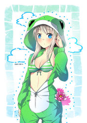 Rule 34 | 1girl, animal costume, arm at side, bikini, bikini top only, bikini under clothes, blue eyes, blush, breasts, cowboy shot, flower, frog costume, front-tie bikini top, front-tie top, green bikini, hand to head, hood, joakim waller, long sleeves, looking at viewer, lotus, original, sidelocks, silver hair, solo, striped bikini, striped clothes, swimsuit, swimsuit under clothes, unzipped, zipper