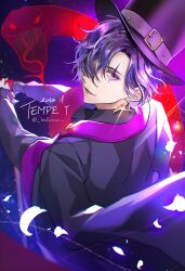 Rule 34 | 1boy, black background, black jacket, blue background, copyright name, earrings, even if tempest, facing to the side, hat, highres, imi fumei (imifu-imifu), jacket, jewelry, looking at viewer, male focus, multicolored background, petals, purple background, purple eyes, purple hair, purple hat, purple scarf, scar, scar across eye, scarf, short hair, smile, snake, solo, star (symbol), starry background, teeth, twitter username, witch hat, witch of ruin (even if tempest)