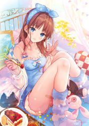 Rule 34 | 1girl, bandaid, bare shoulders, blue eyes, blue shirt, breasts, brown hair, brown shorts, cake, cake slice, camisole, cherry, cleavage, collarbone, commentary request, curtains, food, fork, fruit, hair ribbon, hanekoto, highres, holding, holding fork, jacket, key, long hair, long sleeves, looking at viewer, medium breasts, off shoulder, open clothes, open jacket, original, pillow, plate, ribbon, shirt, short shorts, shorts, sidelocks, sleeveless, sleeveless shirt, smile, socks, solo, stuffed animal, stuffed toy, thighs, twitter username, white jacket