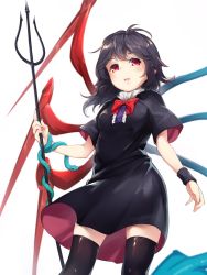 Rule 34 | 1girl, asutora, asymmetrical wings, black dress, black hair, black thighhighs, blush, bow, bowtie, breasts, commentary, cowboy shot, dress, highres, holding, holding weapon, houjuu nue, looking at viewer, medium breasts, parted lips, polearm, red bow, red bowtie, red eyes, short dress, short sleeves, simple background, snake, solo, standing, thighhighs, thighs, touhou, trident, weapon, white background, wings, wristband, zettai ryouiki