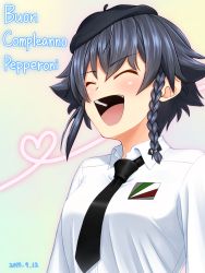 Rule 34 | 10s, 1girl, :d, anzio school uniform, beret, black hair, black hat, black necktie, braid, character name, closed eyes, commentary, dated, dress shirt, emblem, girls und panzer, hair tie, happy birthday, hat, heart, heart of string, highres, italian text, long sleeves, necktie, open mouth, pepperoni (girls und panzer), portrait, ruka (piyopiyopu), school uniform, shirt, short hair, side braid, smile, solo, white shirt