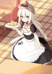 Rule 34 | 1girl, absurdres, alternate costume, animal ears, apron, azur lane, black dress, blue eyes, blurry, blurry background, blush, bow, breasts, cat ears, cat girl, cleavage, collarbone, commentary request, dorok, dress, enmaided, frown, hair bow, hammann (azur lane), highres, holding, holding plate, indoors, long hair, looking at viewer, maid, maid apron, medium breasts, plate, red bow, red ribbon, ribbon, short sleeves, solo, very long hair, white hair