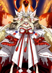 Rule 34 | 1girl, animal ear fluff, animal ears, bare shoulders, barefoot, beast iv:l, blonde hair, blood, breasts, burning, claws, cleavage, crown, dripping, evil grin, evil smile, fangs, fate/grand order, fate (series), fingernails, fire, fox ears, fox girl, fox tail, full body, fur-trimmed kimono, fur trim, grin, hair between eyes, japanese clothes, kimono, kitsune, koyanskaya (fate), koyanskaya (lostbelt beast:iv) (fate), large breasts, long fingernails, long hair, looking at viewer, monster girl, multiple tails, off shoulder, official art, rope, shimenawa, sidelocks, smile, solo, standing, tail, talisman, tamamo (fate), very long hair, wada arco, white background, white kimono, yellow eyes
