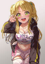 Rule 34 | 1girl, :d, alternate costume, alternate hairstyle, bang dream!, black jacket, blonde hair, blush, breasts, cleavage, collarbone, commentary request, cowboy shot, grey background, groin, hair tie, hand up, highres, hood, hood down, hooded jacket, jacket, kamita, large breasts, leaning forward, long hair, long sleeves, looking at viewer, midriff, navel, open clothes, open jacket, open mouth, pants, parted bangs, shirt, sidelocks, simple background, smile, solo, standing, swept bangs, teeth, tied shirt, tsurumaki kokoro, twintails, upper teeth only, white pants, white shirt, yellow eyes, zipper, zipper pull tab
