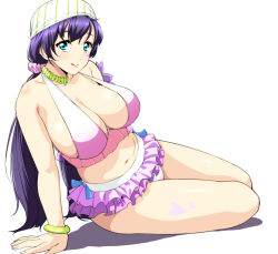 Rule 34 | 10s, 1girl, :q, arm support, bare shoulders, bikini, blush, bracelet, breasts, cleavage, collarbone, frilled skirt, frills, from side, green eyes, head scarf, jewelry, jyura, large breasts, long hair, looking at viewer, looking to the side, love live!, love live! school idol project, low twintails, microskirt, natsuiro egao de 1 2 jump!, navel, panties, purple hair, sideboob, sitting, skirt, smile, solo, stomach, striped clothes, striped panties, swimsuit, tongue, tongue out, tojo nozomi, twintails, underwear, yokozuwari