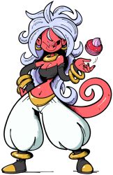 Rule 34 | 1girl, android 21, black nails, black sclera, bracelet, breasts, cleavage, colored sclera, colored skin, cupcake, detached sleeves, dragon ball, dragon ball fighterz, earrings, food, full body, hand on own hip, harem pants, hoop earrings, jewelry, long hair, majin android 21, messy hair, nail polish, navel, one eye closed, pants, pink skin, red eyes, shenanimation, narrow waist, smile, solo, standing, stomach, strapless, tail, tube top, very long hair