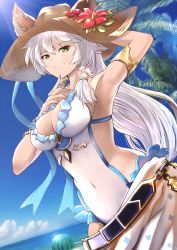 Rule 34 | 10s, 1girl, alternate costume, animal ears, arm behind head, beach, braid, breasts, cat ears, covered navel, day, dutch angle, ears through headwear, erune, finger to mouth, flower, food, fruit, granblue fantasy, hair between eyes, hair intakes, hat, hat flower, heles, heles (summer) (granblue fantasy), holding, holding clothes, holding hat, large breasts, long hair, looking at viewer, marusan, ocean, one-piece swimsuit, outdoors, palm tree, sarong, sideboob, silver hair, single braid, smile, solo, straw hat, swimsuit, tree, upper body, very long hair, watermelon, white one-piece swimsuit, yellow eyes