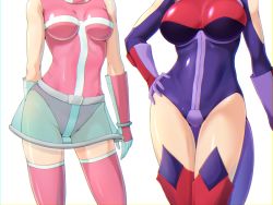 Rule 34 | 2girls, bare shoulders, bimaajo, breasts, calen (time bokan), clothing cutout, contrapposto, cowboy shot, gloves, hand on own hip, head out of frame, highleg, highleg leotard, large breasts, leotard, medium breasts, miniskirt, multiple girls, ocza, pink gloves, pink legwear, pink leotard, purple gloves, purple legwear, purple leotard, see-through, shiny clothes, shoulder cutout, simple background, skirt, standing, thigh gap, thighhighs, time bokan (series), time bokan 24, white background