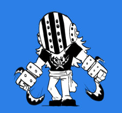Rule 34 | 1boy, beard, blacknirrow, blade, blue background, chibi, clenched hands, dual wielding, facial hair, full body, gauntlets, helmet, holding, killer (one piece), long hair, male focus, monochrome, motion lines, one piece, pants, shirt, shoes, short sleeves, simple background, sketch, solo, standing, striped clothes, striped headwear