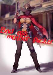 Rule 34 | 1girl, ammunition, belt, blurry, boots, breasts, brown eyes, brown footwear, brown hair, brown pants, building, cape, cassidy (overwatch), chaps, cigar, cleavage, commentary request, cowboy hat, cowboy western, depth of field, english text, finger on trigger, full body, genderswap, genderswap (mtf), gloves, gun, handgun, hat, hat over one eye, high heel boots, high heels, highres, holding, holding gun, holding weapon, holster, large breasts, legs apart, looking at viewer, mechanical arms, mouth hold, outdoors, overwatch, overwatch 1, pants, poncho, profanity, revision, revolver, shadow, short hair, single mechanical arm, smoking, solo, standing, text focus, tube, weapon, wtcolor