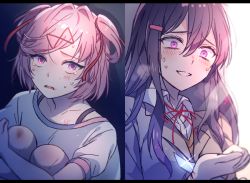 Rule 34 | 2girls, aicedrop, bruise, constricted pupils, doki doki literature club, hair between eyes, hair ornament, hair ribbon, hairclip, heavy breathing, hugging own legs, injury, knife, letterboxed, long hair, multiple girls, natsuki (doki doki literature club), parted lips, pink eyes, pink hair, purple eyes, purple hair, red ribbon, ribbon, scared, school uniform, scratches, self-harm, self harm, short hair, smile, spoilers, sweat, tears, two side up, wrist cutting, yuri (doki doki literature club)
