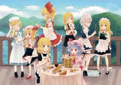 Rule 34 | 6+girls, alternate costume, apron, arms behind back, ascot, balcony, bat wings, black dress, black footwear, blonde hair, blouse, blue dress, blue eyes, blue hair, blue sky, blush, bow, bow legwear, bowl, braid, bread, broken plate, chair, chopsticks, clone, cloud, collar, cookie, cosplay, day, detached sleeves, dress, eating, enmaided, fang, flandre scarlet, floating, food, forest, frilled apron, frilled collar, frilled shirt collar, frilled skirt, frills, hair bow, hair tubes, hakurei reimu, hakurei reimu (cosplay), hand on own hip, hat, hat bow, high heels, izayoi sakuya, jam, kirisame marisa, lake, letter, long hair, looking at another, looking away, looking down, love letter, maid, maid apron, maid headdress, mary janes, misty lake, mob cap, mop, mountain, mozukuzu (manukedori), multiple girls, multiple persona, nail polish, nature, nurse, nurse cap, one eye closed, pink shirt, pink skirt, plate, pointy ears, ponytail, puffy short sleeves, puffy sleeves, red eyes, red footwear, red nails, red skirt, red vest, remilia scarlet, ribbon, ribbon-trimmed sleeves, ribbon trim, salmon, sandwich, school uniform, shirt, shoes, short dress, short hair, short sleeves, side braid, side ponytail, silver hair, single braid, sitting, skirt, sky, sleeveless, sleeveless dress, socks, spoon, striped clothes, striped dress, sweatdrop, table, tablecloth, talisman, talking, tongue, tongue out, touhou, unworn hat, unworn headwear, vest, white legwear, wings, witch hat, wrist cuffs, yellow eyes