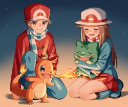 Rule 34 | 1boy, 1girl, adapted costume, blue footwear, blush, boots, breath weapon, breathing fire, brown hair, bulbasaur, charmander, claws, closed eyes, closed mouth, commentary request, creatures (company), fire, game freak, gen 1 pokemon, happy, hat, holding, holding pokemon, jacket, leaf (pokemon), long sleeves, nintendo, open mouth, pants, pleated skirt, pokemon, pokemon (creature), pokemon frlg, red (pokemon), red headwear, red skirt, scarf, scbstella, short hair, skirt, smile, socks, striped clothes, striped scarf, white headwear, winter clothes