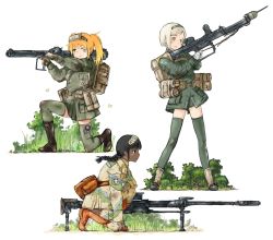 Rule 34 | 3girls, aiming, anti-materiel rifle, backpack, bad id, bad pixiv id, bag, black hair, boots, braid, bug, butterfly, camouflage, cross-laced footwear, dark-skinned female, dark skin, grass, green legwear, gun, hairband, insect, kneeling, lace-up boots, mars expedition, military, military uniform, multiple girls, on one knee, orange eyes, parted bangs, pouch, rifle, rocket launcher, silver hair, sniper rifle, thighhighs, twin braids, twintails, uniform, weapon, y (khakiyawn), zettai ryouiki