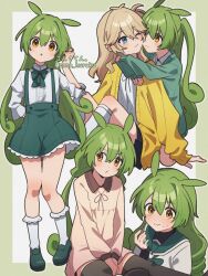 Rule 34 | 2girls, alternate hairstyle, arms around neck, black skirt, black thighhighs, blue eyes, blush, border, bow, bowtie, cardigan, closed mouth, collared shirt, cone huraku, curly hair, dot mouth, frilled skirt, frilled sleeves, frills, green bow, green bowtie, green hair, hair between eyes, hair down, hand up, hug, kasukabe tsumugi, kneehighs, layered shirt, light brown hair, loafers, long hair, looking at hand, looking at viewer, low twintails, miniskirt, multiple girls, neck ribbon, one eye closed, orange eyes, parted lips, playing with own hair, pleated skirt, puckered lips, ribbon, sailor collar, shirt, shoes, sitting, skirt, sleeve cuffs, sleeves past elbows, sleeves past wrists, socks, suspender skirt, suspenders, sweat, thighhighs, twintails, twitter username, two-tone background, v-shaped eyebrows, very long hair, voicevox, white shirt, white socks, yellow cardigan, zundamon